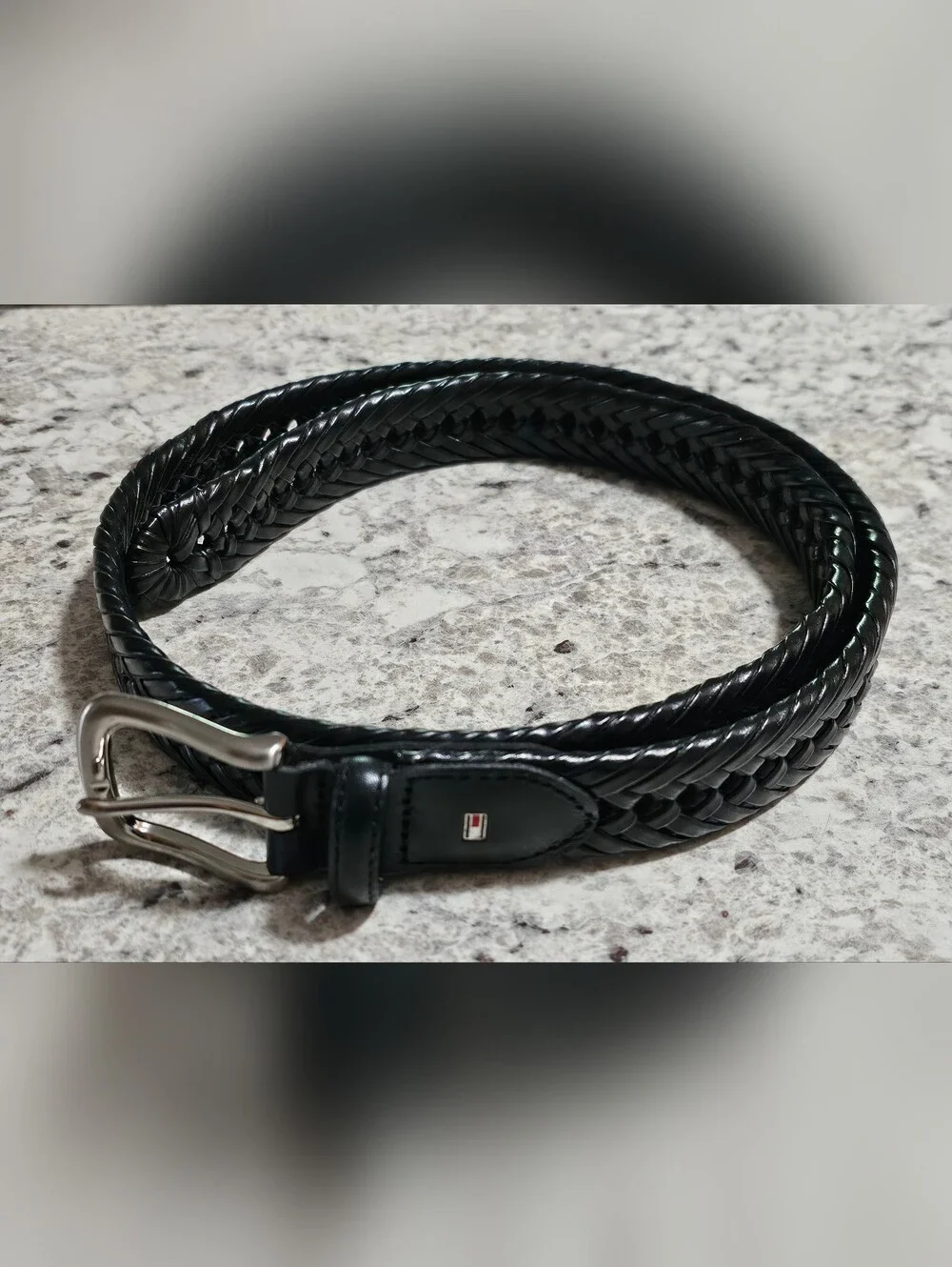 Tommy Hilfiger Men's Black Woven Leather Belt Classic Casual Silver Buckle 38/96